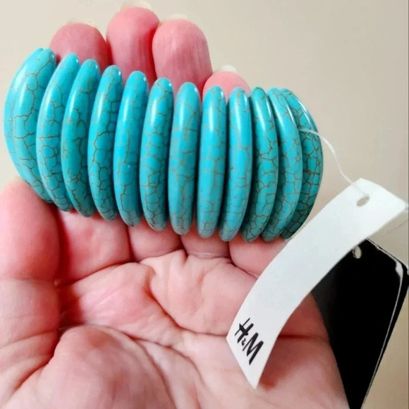 H&M Turquoius Aqua Wide Bangle Bracelet Elastic - Picture 1 of 4